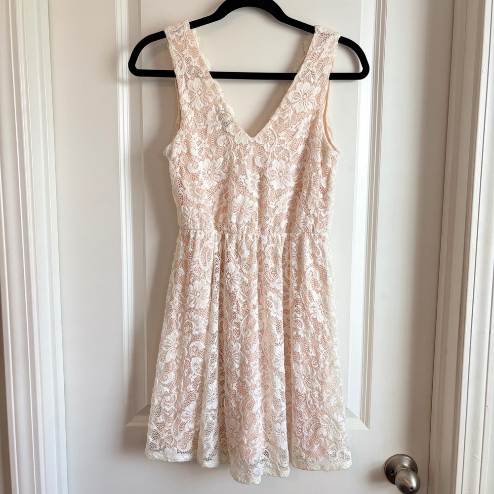 As U Wish Floral Lace Cocktail Dress Peachy Wedding Guest Bridal Shower Sz: XS